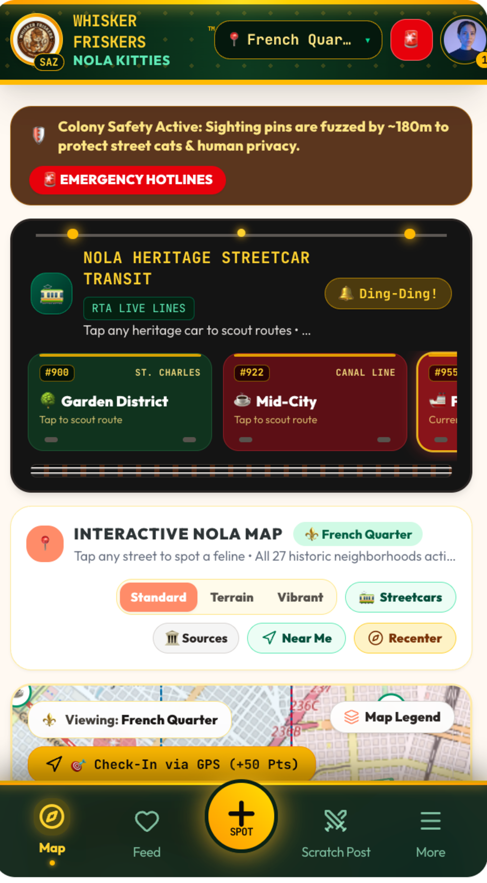 The Whisker Friskers cat map screen. A brown banner reads "Colony Safety Active: sighting pins are fuzzed by ~180m to protect street cats & human privacy" above an Emergency Hotlines button. Below, a NOLA Heritage Streetcar Transit panel lists RTA live lines for the Garden District, Mid-City and Canal Line, followed by an Interactive NOLA Map panel with Standard, Terrain, Vibrant, Streetcars, Sources, Near Me and Recenter controls and a map of the French Quarter with a Check-In via GPS button.
